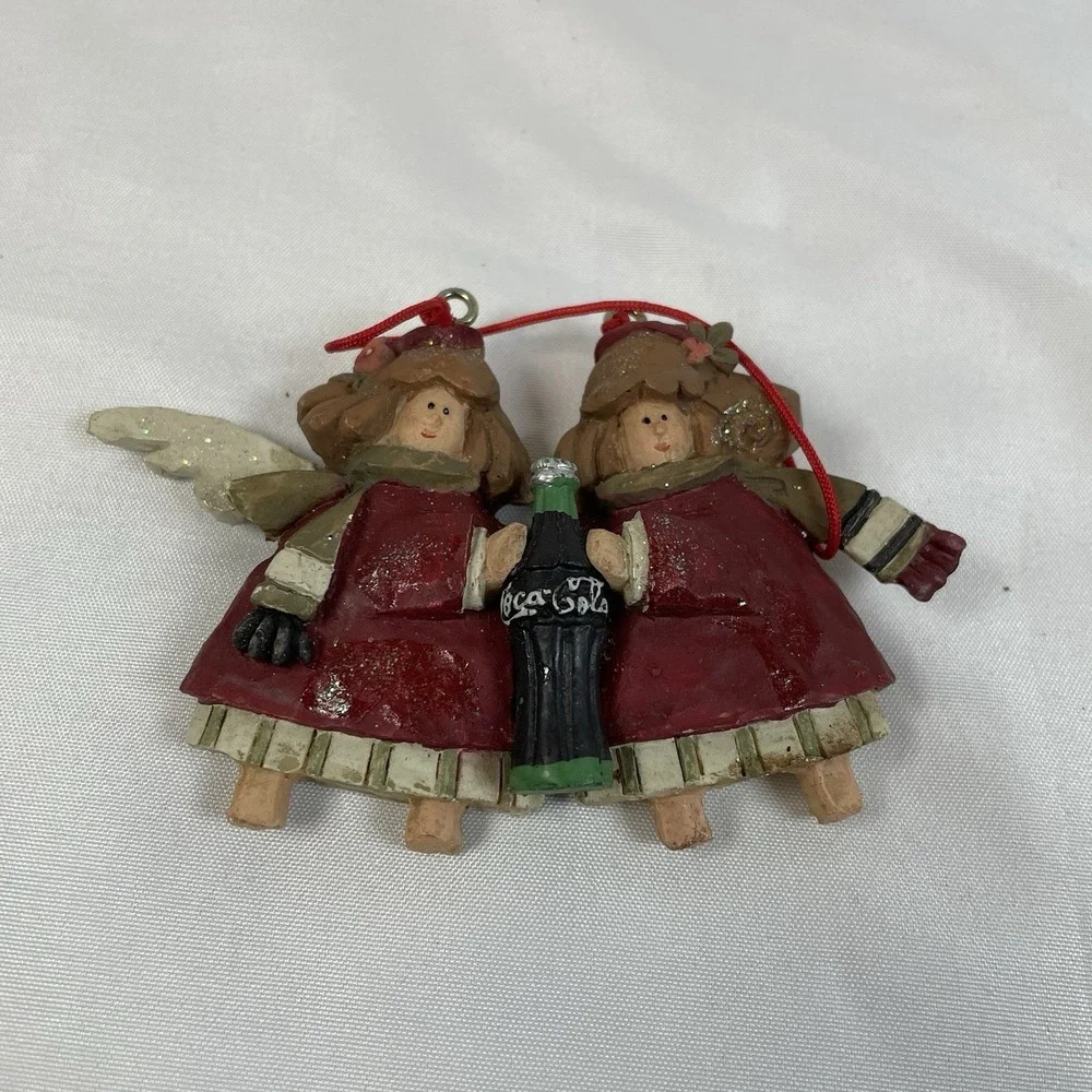 Vintage 1999 Coca-Cola Christmas Ornament Two Angels with Coke Bottle Resin Red